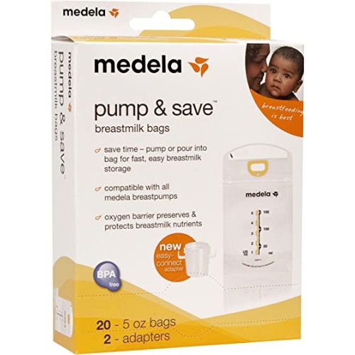 Medela Pump & Save Breast Milk Storage Bags, 20 Count Pack, Breastmilk Freezer Bags, Pour or Pump Directly into Bags with Included Easy Connect Adaptors, Made Without BPA