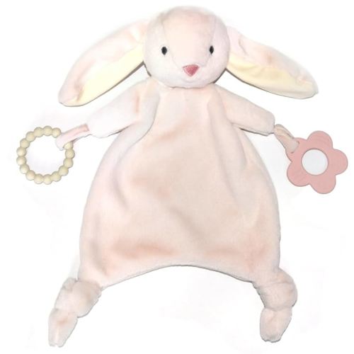 Loveys for Babies, Lovey Including Silicone Teether, Soft Bunny Stuffed Animals Security Blanket, Baby Snuggle Toy, for Newborn Boys and Girls