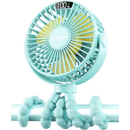 SWEETFULL Portable Stroller Fan with Display 4000mAh Battery Powered Mini Clip On Fan, 4-Speed Rechargeable Small Personal Cooling for Baby Car Seat Crib Travel - Cyan
