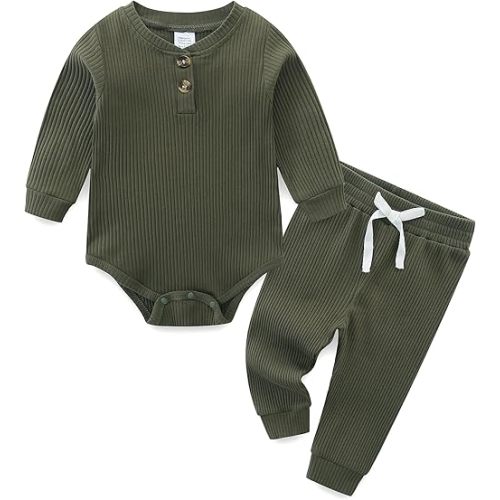 Unisex Baby Outfits Long Sleeve Onesie Snug Ribbed Cotton Bodysuit Infant Solid Tops Pants 2PCS