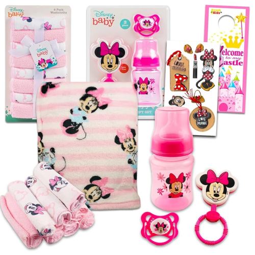 Disney Minnie Mouse Baby Gift Set, Baby Shower Gifts Girls Neutral - 12 Pc Newborn Essentials Bundle with Blanket, Towels, Rattle, Bottle, Pacifier, Scrapbook Stickers, More