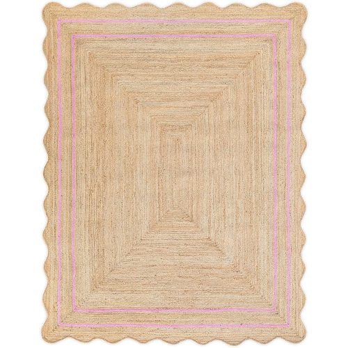 Wave Scalloped Natural Jute Rug Boho Jute Rug Entryway Runner Rug Farmhouse Scallop Rug, Light Pink (5'x7')