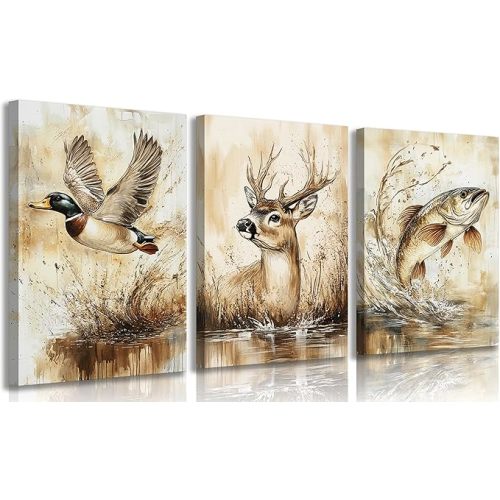 3Pcs Rustic Outdoor Wildlife Canvas Wall Art,Watercolor Deer Duck And Fish Wall Decor Pictures,Vintage Farmhouse Hunting Posters Prints,for Living Room Bathroom Kitche Home Decoration