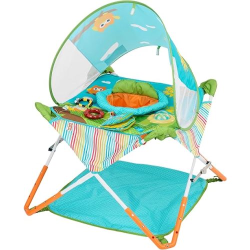 Bright Starts Pop 'N Jump Portable Baby Jumper, Foldable Indoor/Outdoor Baby Jumper with Owl Forest Sensory Activities, Ages 6–12 Months