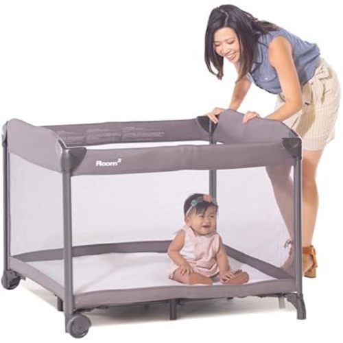 Joovy Room² Large Portable Playpen for Babies and Toddlers with Nearly 10 sq ft of Space, Large Mesh Windows for 360 View, and Waterproof Mattress Sheet - Folds Easily when Not in Use (Charcoal)