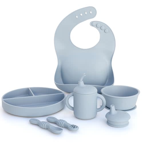 Little Loon Baby Feeding Essentials: Baby Led Weaning Supplies with Baby Plates, Silicone Bibs, Baby Spoons, Sippy Cups, Toddler Plates and Bowls Set - Baby Essentials - Baby Shower Gifts (Lake)