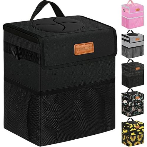 Leak Proof Car Trash Can for Back Seat - Cute Hanging Garbage Bin for SUV, Truck, Van - Automotive Front and Back Seat Trash Can - Black