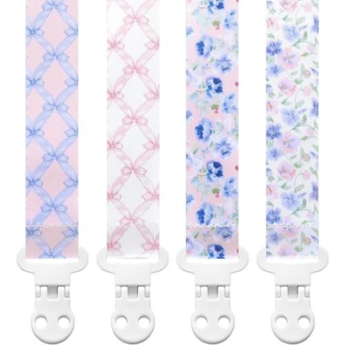 Baby Pacifier Clip Holder - Girl 4 Pack Gift Set – Vintage Floral French Granmillenial Ribbons Bows and Flowers in Pink and Blue