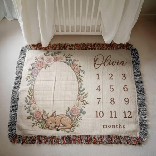 Personalized Wildflower Woodland Milestone Woven Blanket, Floral Baby Monthly Blanket Girl, Boho Nursery Baby Photo Prop, Baby Shower Gift