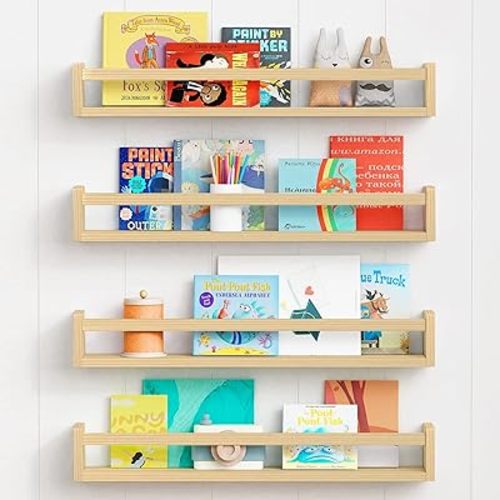 Forbena Natural Wood Nursery Bookshelves for Wall, 24 Inches Long Floating Book Shelves, Wall Mounted Bookcase for Teen Girl Boy Kids Room Bedroom, Playroom Organizer, Bathroom Decor (4-Pack)