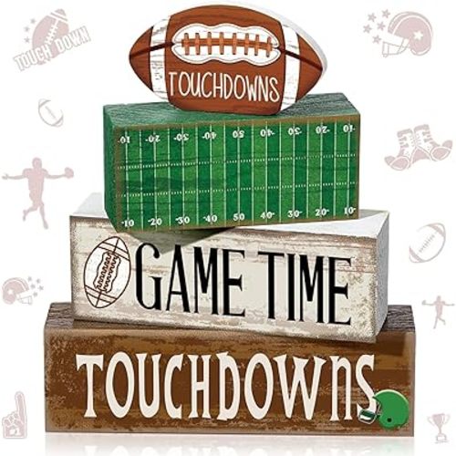 4 Pcs Football Table Decorations Football Tiered Tray Decor Football Wooden Sign Football Centerpiece Decorative Faux Book Stack Block for Coffee Table Fireplace Mantel Floating Shelf