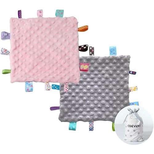 CREVENT Tag Security Blankets for Babies, Soft Small Taggie for Boys Girls, Baby Comforter Sensory Blanket, Great Gifts for Birthday Baby Shower 10"X10" (Pink+Grey)