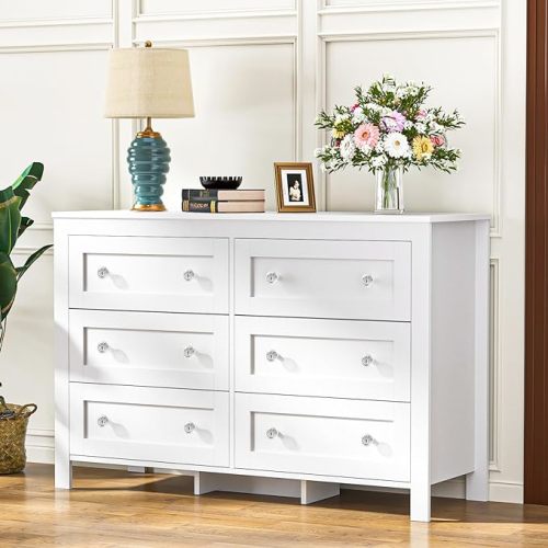 HAIOOU 6 Drawer Double Dresser, White Modern Chest of Drawers with Deep Drawers, Charging Station and Crystal/Black Handles, Wooden Drawer Storage Organizer Cabinet for Bedroom, Living Room