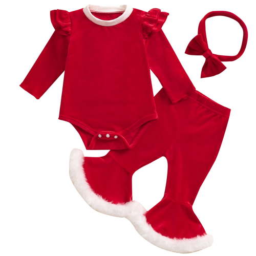 Newborn Baby Girls Christmas Outfits Set Long Sleeve Velvet Romper with Flare Pants Headband Set Clothes