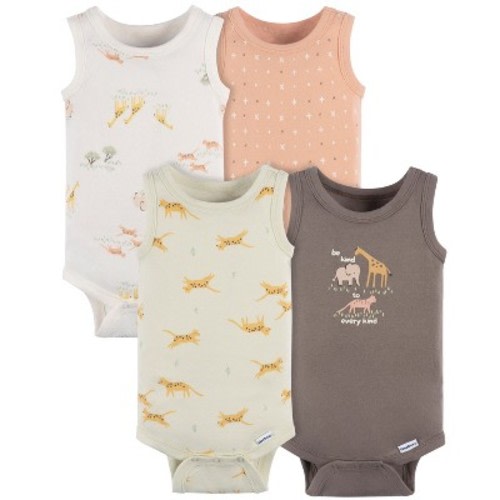 Gerber Baby Neutral 4-Pack Sleeveless Onesies Bodysuits, Ivory Safari, 6-9M