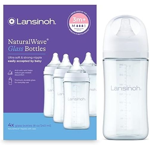 Lansinoh Glass Baby Bottles, Anti-Colic, White, 8oz, 4 Count, with Medium Flow Nipples (Size M, 3-6 Months), Baby Feeding Essentials