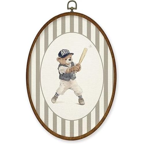 WULQYING Vintage Bear Playing Baseball Wall Art Decor, Nursery Sports Oval Framed Canvas Art Prints, Country Toddler Striped Sports Wall Hanging Decor for Home Playroom Boys Bedroom,8.6x11.4 Inches