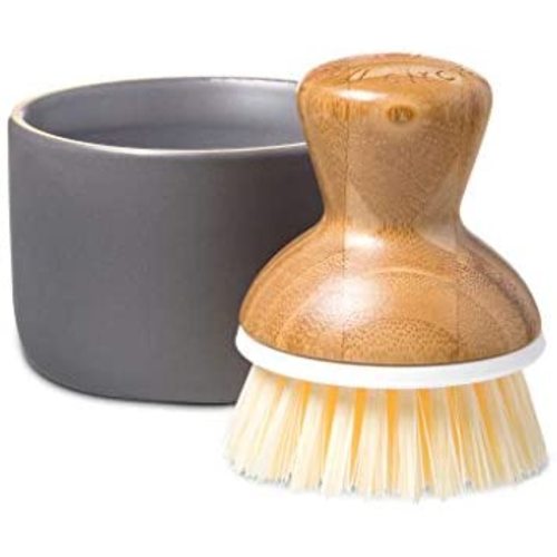 Full Circle Bubble Up Ceramic Soap Dispenser & Bamboo Dish Brush, White/Gray