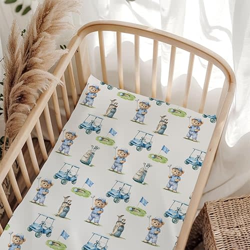 Cute Bear Golf Cart Blue Baby Crib Sheet for Boys Girls 52x28x9 in Bears Sport Golfing Flag Club Fitted Crib Mattress Cover for Standard Crib and Toddler Outdoor Sports Bed Sheet Animal One Size