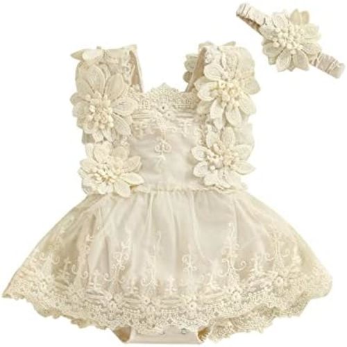 Newborn Baby Girl Lace Romper Dress Sleeveless Floral Lace Outfits Summer Toddler Clothes with Headband