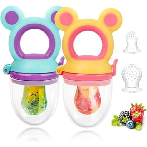 Baby Solids/Frozen Fruit Feeder Pacifier, Infant Teether Toy 4M+, BPA-Free Silicone Pouch & Nipple, Safely Introduce Solids, Teething Relief, 2-Pack (Mickey - Blue Yellow, S/M/L)