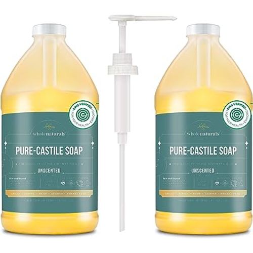 Pure Castile Soap Liquid Unscented, EWG Verified & Certified Palm Oil Free - 1 gallon (64oz x2 with pump) Natural Soap, Mild & Gentle Non-gmo & Vegan - Organic Body Wash, Laundry, and Baby Soap