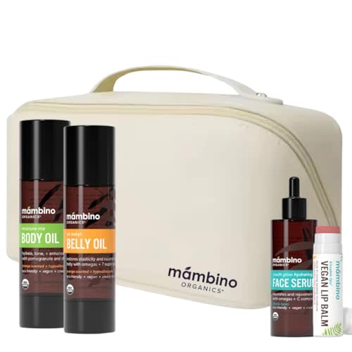 Mambino Organics Bun in the Oven Kit + Free Bag - Pregnancy Skin Care Kit with Belly Oil, Belly Lotion, Lip Balm - Organic Skincare Set for Pregnant Women - 5 Piece Set