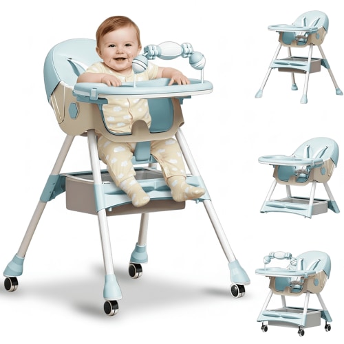 KFeng 4-in-1 Foldable Baby High Chair,Combines Play and Dining,Adjustable Dual-layer Tray and Backrest, Green
