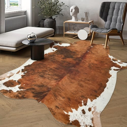 Imitation Cowhide Mat, 6.2 X 5.2 Feet, Animal Print Fur Mat, Suitable for Bedroom Living Room, Western Style Decoration Dining Room Office Mat, Animal Light Beige Mat, Brown