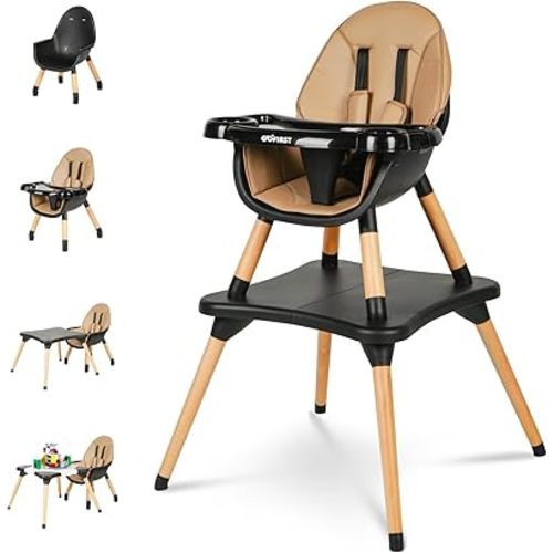 Gofirst 6 in 1 Convertible Wooden High Chair for Babies and Toddlers - Infant Dining Booster Seat With Building Block Table and 4-Position Removable Feeding Chair