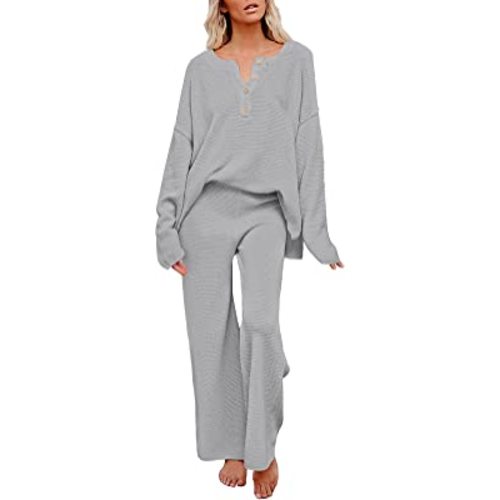 Pink Queen Women's 2 Piece Outfit Set Long Sleeve Button Pullover Sweater Top and Wide Leg Pants Knit Sweatsuit