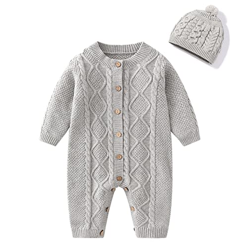 IADOER Baby Newborn Boy Knitted Sweater Romper Cotton Longsleeve Outfit with Kids Winter Warm Hats Set