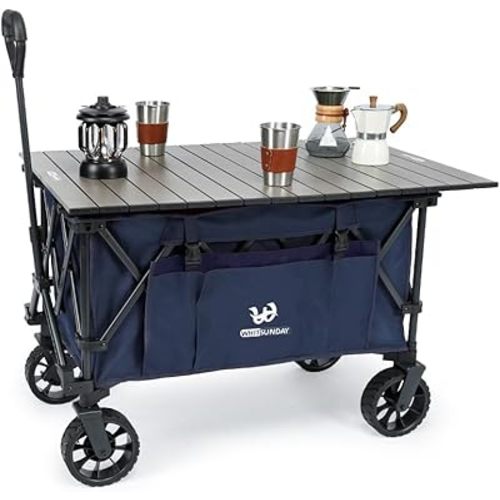 Whitsunday Folding Collapsible Utility Wagon, 400Lbs Heavy Duty Outdoor Park Beach Wagon with Table and Side Pocket for Garden Camping Sports Shopping Dark Blue