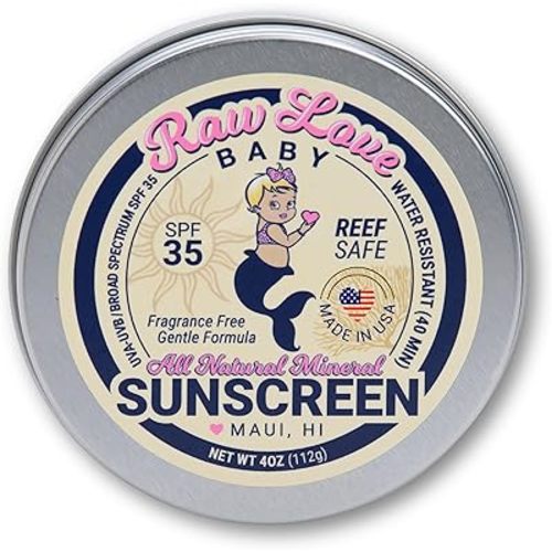 Raw Love Baby Sunscreen 0-6 Months & Up | Babies, Infant, Toddler, Kids Natural Mineral Sunscreen | Sensitive Skin, Fragrance Free Zinc Oxide SPF 35+ | No Chemicals, Reef Safe, Water Resistant | 4 Oz