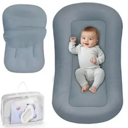 Infant Support Cushion - Baby Support Cushion for Newborn, 0-24 Months, Portable Tummy Time Mat for Home and Travel, Soft Cotton, Supervised Use, Baby Essentials Gift, Grayish Blue, (Cover Included)