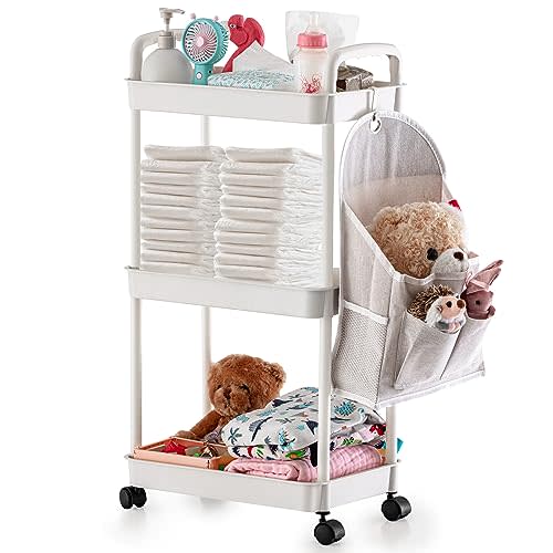Barydat Set of 3 Tier Rolling Cart with Hanging Diaper Caddy Organizer, Roller Book Snack Baby Diaper Bedside Cart, Utility Storage Organizer Trolley for Baby Nursery, Kitchen, Bathroom, Office(White)