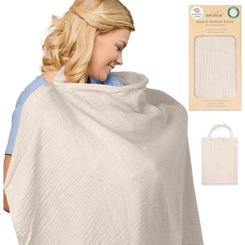 Organic Cotton Nursing Cover, Muslin Breastfeeding Cover 43 x 28 inches, Breathable Nursing Cover Up for Breastfeeding, Multi-Purpose Breast Feeding Covers for Women (Ivory)