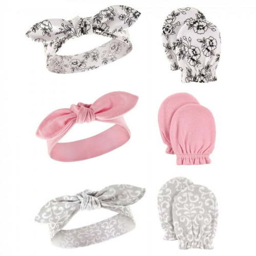 Hudson Baby Infant Girl Cotton Headband & Scratch Mitten Set, Toile, 6-Piece