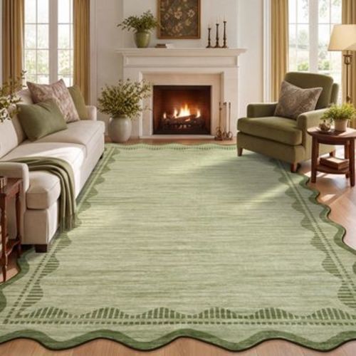 Sage green 5'x7' Scalloped Border Area Rug, Soft Washable Non‑Slip Low Pile Accent Rug, Decorative Indoor Rugs for Living Room Bedroom