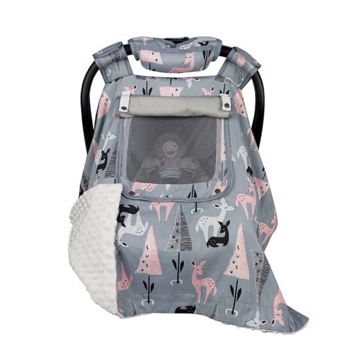 ICOPUCA Car Seat Covers for Babies Unisex Newborn, Carseat Cover Girls/boy with Handle Cushion, Suit Spring Autumn Winter, Deer, Cotton & White Minky;