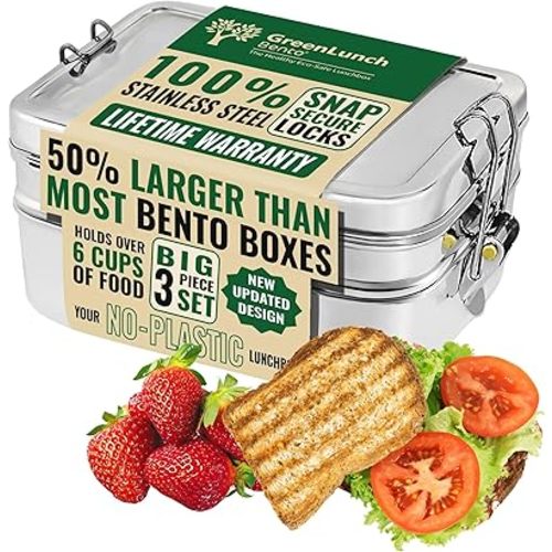 Stackable Stainless Steel Bento Box for Adults with Snack Pod - Holds 6 Cups of Food, 100% Crack-Resistant, Secure Locks, Eco-Friendly Lunch Box Container for School & Office