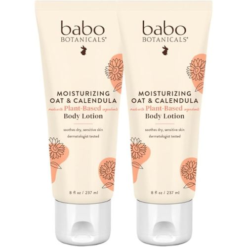 Babo Botanicals Moisturizing Oat & Calendula Body Lotion - for Dry or Sensitive Skin - for All Ages - Vegan - Lightly Scented - 1 or 2 Pack