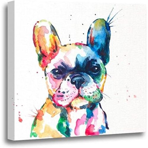 Ansouyi 12x12 Inches Canvas Wall Art Painting Frenchie French Bulldog Original Watercolor of Dog Puppy Rainbow Home Decorative Artwork Prints