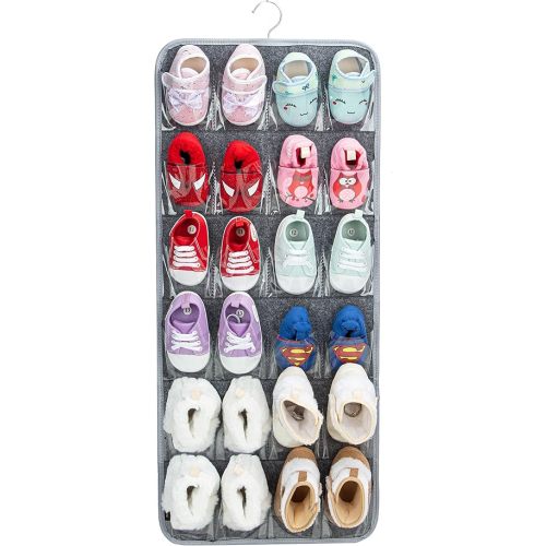PACMAXI Over The Door Shoes Organizer for 12 Pairs of Baby Shoes Boys Girl, Hanging Baby Shoe Organizer with Hanger(Felt Material-Grey)