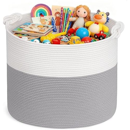 Goodpick 17"x16" Toy Storage for Kids, Home Décor Living Room, Baby Basket for Nursery Playroom, Soft Woven Cotton Rope Baskets for Blankets Pillows Clothes, Grey