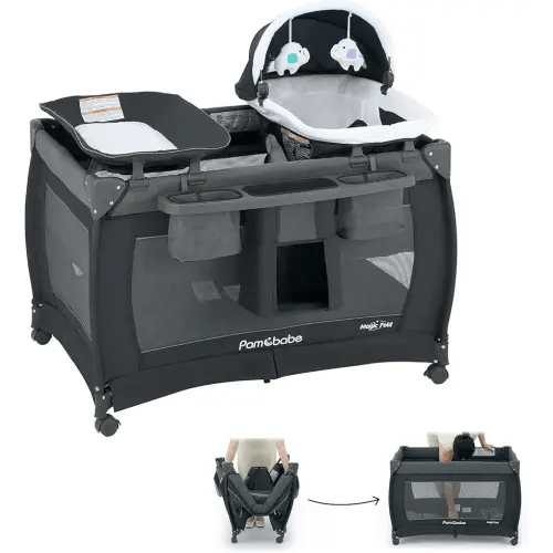 Pamo Babe 1-Second Setup 4-in-1 Playard for Babies - Heavy-Duty Steel Frame for Safe Sleep Space, Portable Crib with Changing Table, Locking Wheels, Breathable Mesh