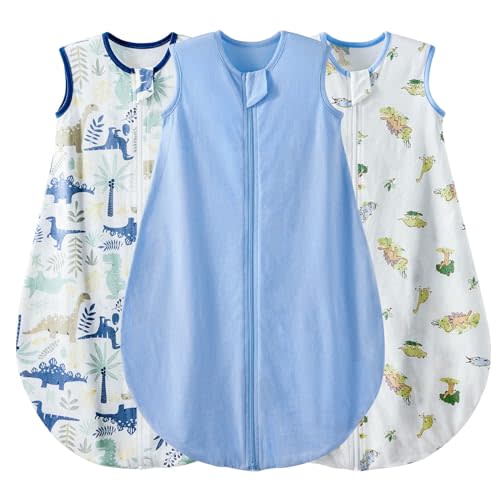 Duomiaomiao 3 Pack Baby Sleep Sack 100% Organic Cotton Lightweight Breathable Comfy Toddler Sleeping Sack (0.5tog Dinosaurs, Medium)