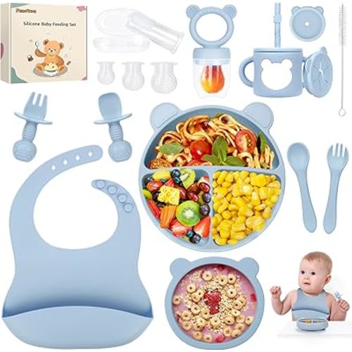 PERRYHOME Silicone Baby Feeding Set, 17pcs Baby Led Weaning Feeding Supplies for Toddlers, Kids Suction Silicone Plates and Bowls Set for Baby Gift (Blue)