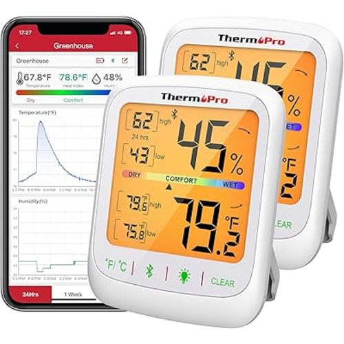 ThermoPro Bluetooth Hygrometer Thermometer, 260FT Wireless Remote Temp and Humidity Meter, with Large Backlit LCD, Data Storage and Export, Temperature and Humidity Monitor, Max Min Records, 2 Pack