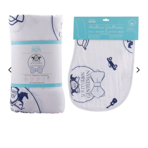 Gift Set: Southern Gentleman Baby Muslin Swaddle Blanket and Burp Cloth/Bib Combo - Little Hometown